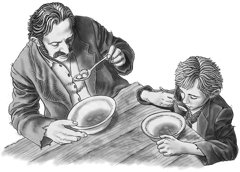 victorian boy dad eating soup