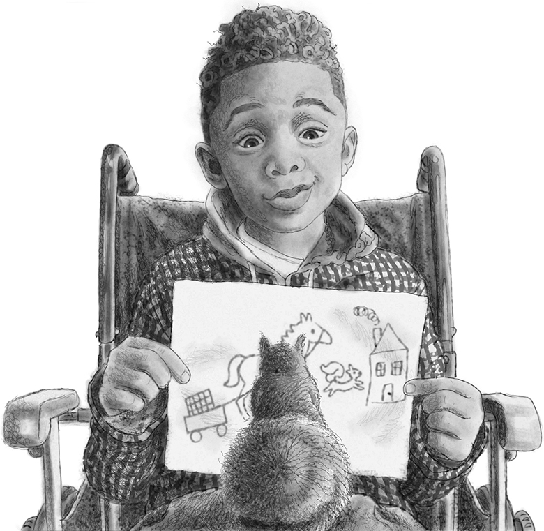 Boy in wheelchair with squirrel